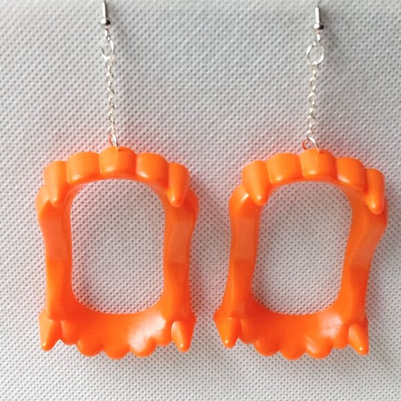 🎯 10 for $12 / Orange Vampire Teeth Earrings, Weird Handmade Earrings - Picture 2 of 10